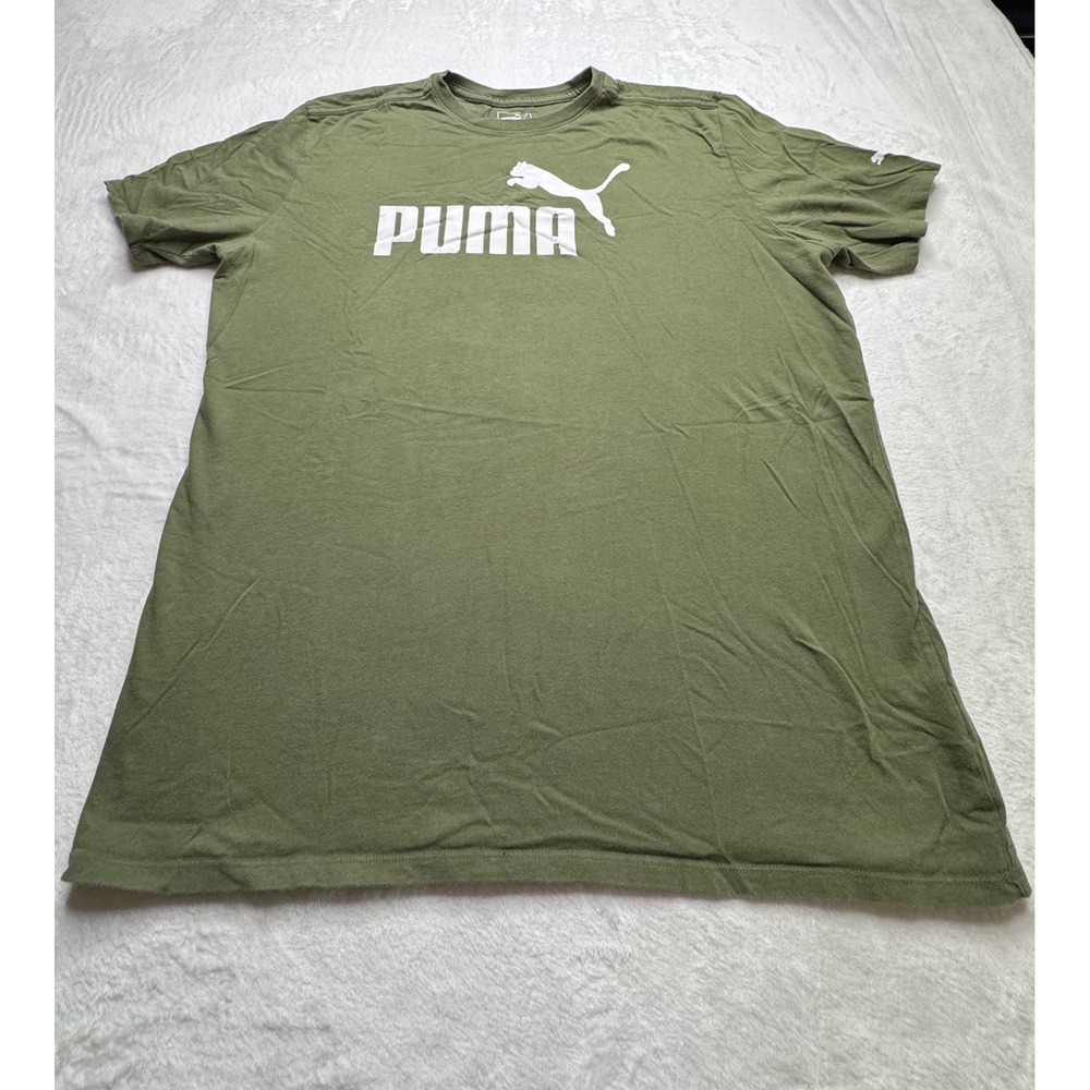 Puma Mens T-Shirt Size Large Olive Green Short Sleeve Graphic Logo Cotton Tee
